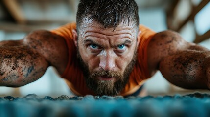 A muscular man is performing a plank exercise, showcasing his strength and determination in a gritty indoor environment. The intense focus and effort highlight resilience and dedication.