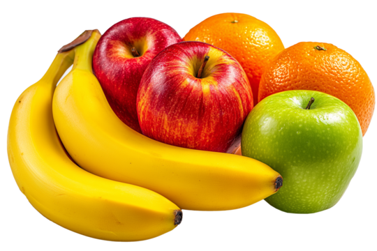 A pile of bananas, apples, and oranges on a white background