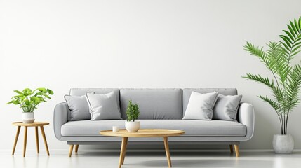 Minimalist Living Room Interior Design Gray Sofa, Wooden Coffee Table, Plants, 3D Render, Mockup, Scandinavian, Cozy Scandinavian