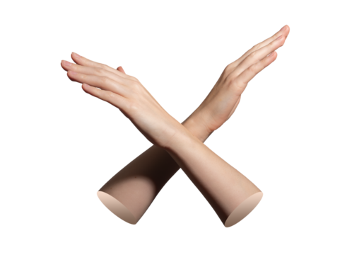 Hand crossed gesture with fingers showing refusal and disagreement. Female palm in defensive motion