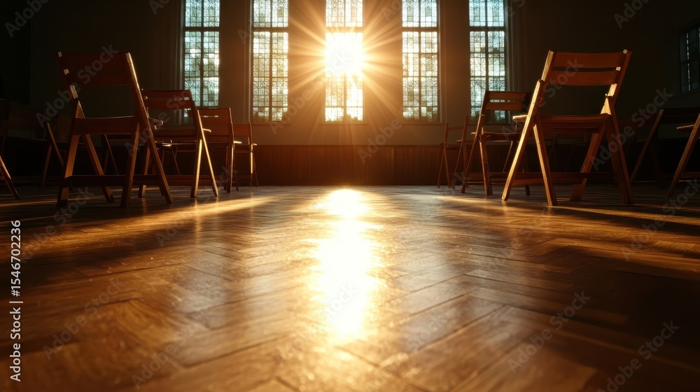 Poster this atmospheric image captures sunlight streaming through chairs in an empty room, creating a seren