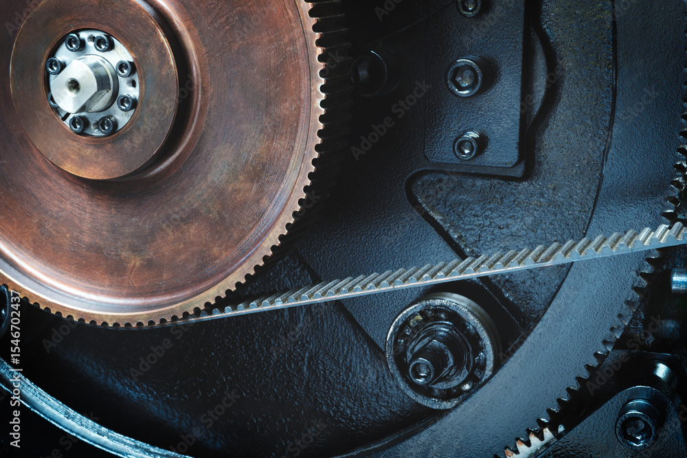 Poster close up of a machine with a chain and gears. chain is black and gears are brown. concept of industr