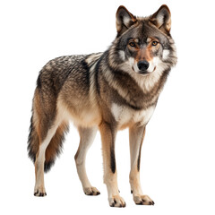 Full body shot of a wolf standing and looking forward isolated on transparent background
