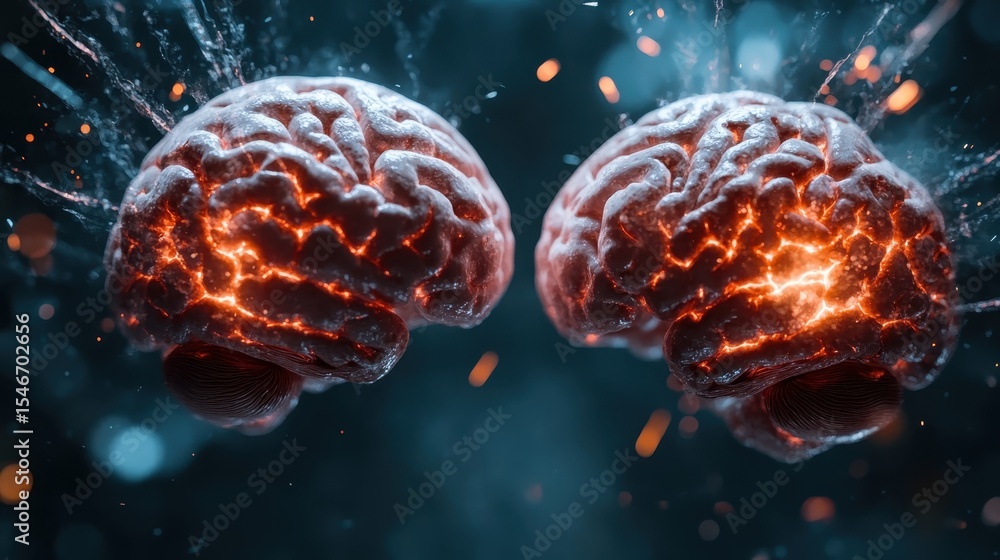 Poster a dynamic artistic visualization of two brains with electrifying sparks, symbolizing intelligence, c