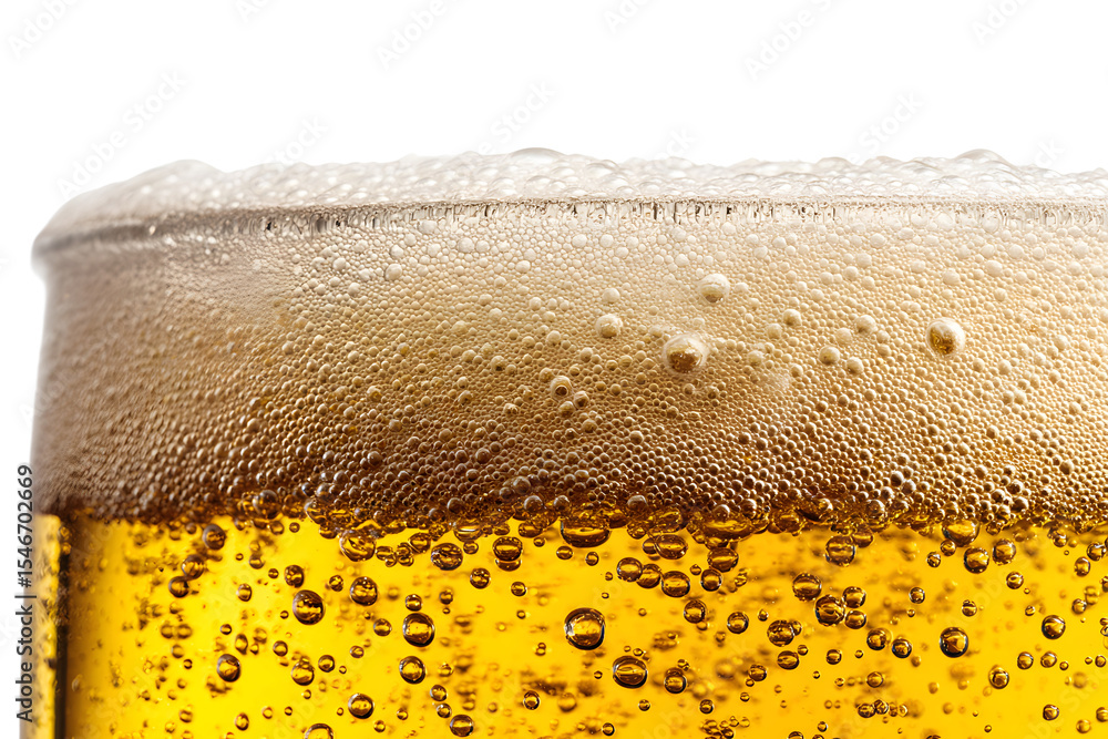 Poster close-up of golden beer with foam and bubbles, isolated on transparent cutout background