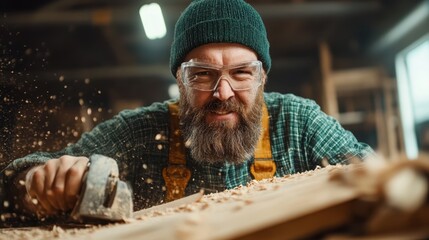 A dedicated craftsman with a beard and glasses works diligently on a wooden piece, capturing the passion and artistry of woodworking under bright workshop lights.