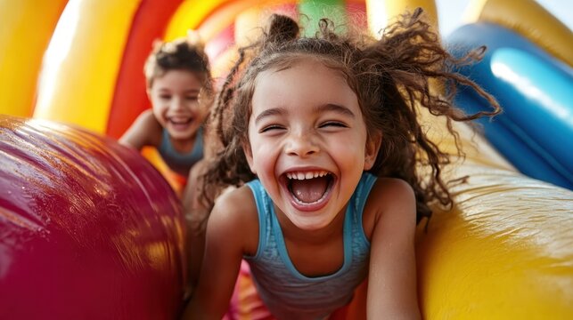 This vibrant image captures two joyful children playing and laughing on an inflatable slide, embodying the spirit of childhood fun and excitement in a colorful setting.