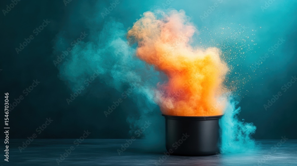 Poster an explosion of colorful smoke bursts from a black container, creating a visually striking abstract 