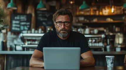 Fototapeta premium A bearded man sits at a cafe table with a laptop, gazing thoughtfully at the screen in a cozy coffee shop, portraying modern work culture and connectivity.