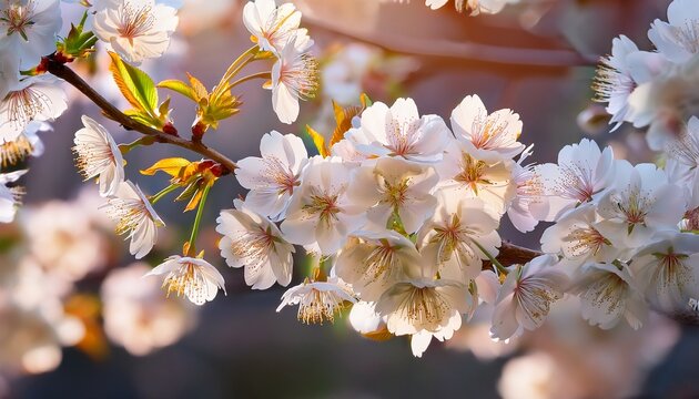 japanese white cherry tree flowers blossom in late spring season