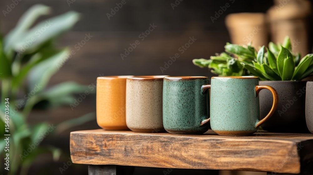 Poster a charming display of colorful ceramic mugs arranged neatly on a rustic wooden table, highlighting t