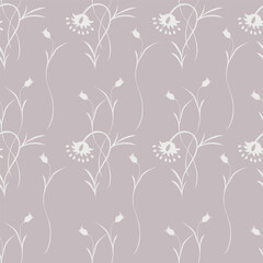 Seamless floral pattern, artistic ditsy print with vintage motif. Elegant botanical design with simple hand drawn plants: small white flowers, leaves on a black background. Vector illustration