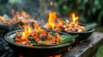 Three pots of sizzling dishes over an open flame showcase the vibrant colors and textures of fresh ingredients, celebrating the art of cooking with passion.