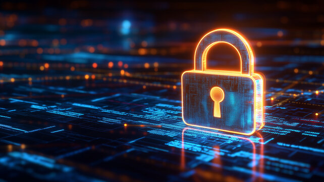 Glowing Digital Padlock Securing Data Networks in a Futuristic Cityscape, Illustrating Cyber Defense and Encryption Protection.
