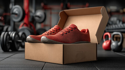 A pair of red athletic shoes sitting in a cardboard box in a gym with weights in the background