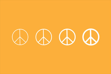 A set of peace signs of different thicknesses. Peace symbols, peace pictograms isolated on orange background