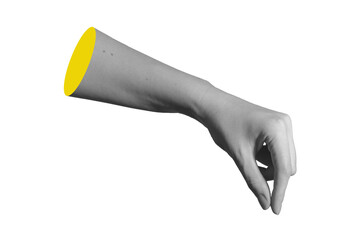Hand holding fingers pinching tiny invisible item in closeup side view. Woman s wrist and arm