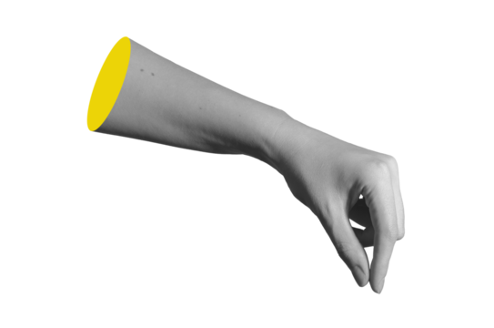 Hand holding fingers pinching tiny invisible item in closeup side view. Woman s wrist and arm - Powered by Adobe