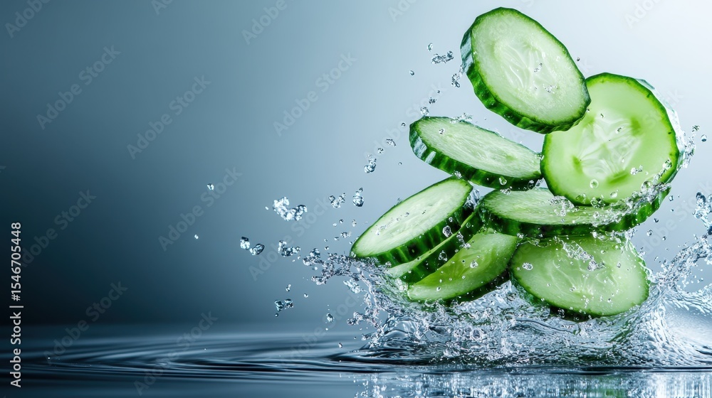 Poster crisp cucumber slices create a refreshing splash as they fall into clear water, evoking a sense of f