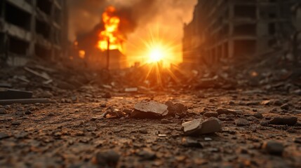 This dramatic image showcases a devastated urban area illuminated by a fiery sunset, embodying themes of destruction, resilience, and the aftermath of chaos in society.