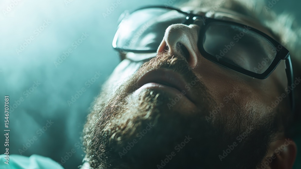 Poster a close-up of a man resting with glasses on in a serene atmosphere, illuminated by soft lighting, ev