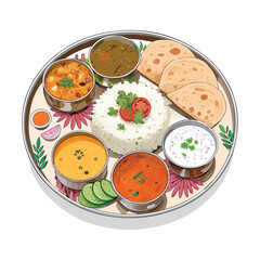 A flat illustration of a traditional Indian thali plate, featuring rice, curry, and roti, rendered in a simple and clean style, isolated on white.