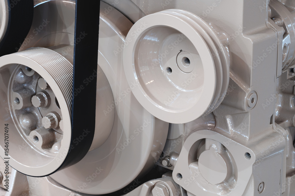 Poster shown is a large engine with a black belt. the belt is connected to the engine and is positioned abo