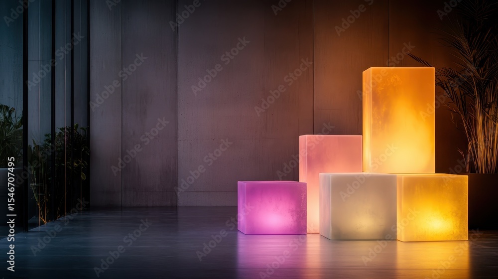 Poster an artistic arrangement of illuminated decorative blocks in various colors creates a vibrant and mod