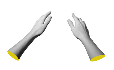 Hands catching and extending forward with open spread fingers and smooth wrists. Pair of female arms