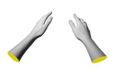 Hands catching and extending forward with open spread fingers and smooth wrists. Pair of female arms