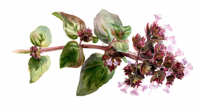 Watercolor Illustration of Marva (Wild Basil) &ndash; Herbal Leaves and Stems on White Background


