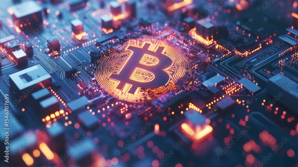 Poster glowing bitcoin symbol embedded in a circuit board, representing cryptocurrency technology.