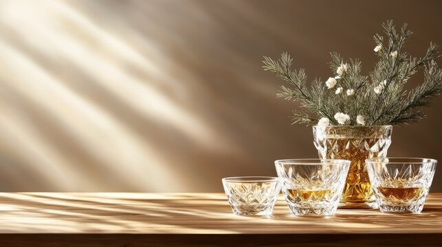 An enticing arrangement of crystal glassware adorned with a festive floral element, beautifully reflecting light, perfect for themed gatherings and celebrations.