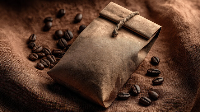 A brown paper bag of coffee beans tied with string on a brown textile with scattered coffee beans