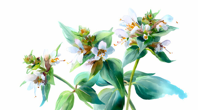 Watercolor Illustration of Marva (Wild Basil) &ndash; Herbal Leaves and Stems on White Background

