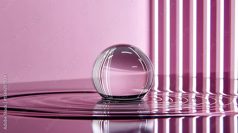 Poster glass orb on rippled surface with striped background in soft pink color palette for abstract visuals