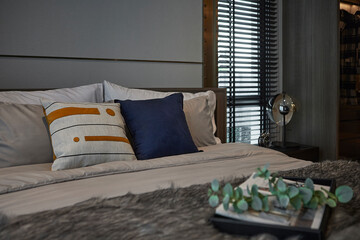 close-up classic modern bedroom in hotel with sheer curtain