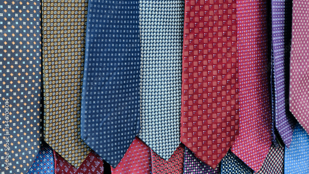 Poster row of ties with different patterns and colors. ties are hanging on a wall. concept of variety and c