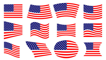 Set of American flags in various waving styles and shapes. Vector illustration of USA flags on transparent background.