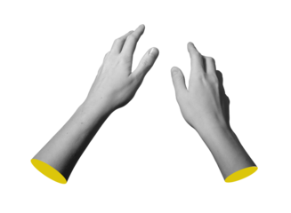 Hands reaching forward with open spread fingers and smooth wrist. Pair of female arms extending