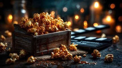 Caramel Popcorn Bursting from Rustic Wooden Box with Clapperboard Background perfect for movie night visuals, cinema snack ads, entertainment blog headers and vintage theater promotions