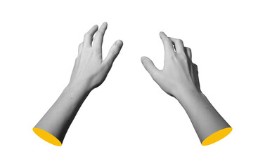 Hands stretching forward with open spread fingers and smooth wrists. Pair of female arms extending