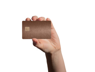 holding a brown bank card for payment, emphasizing security and financial services in a retail store