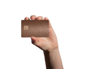 holding a brown bank card for payment, emphasizing security and financial services in a retail store