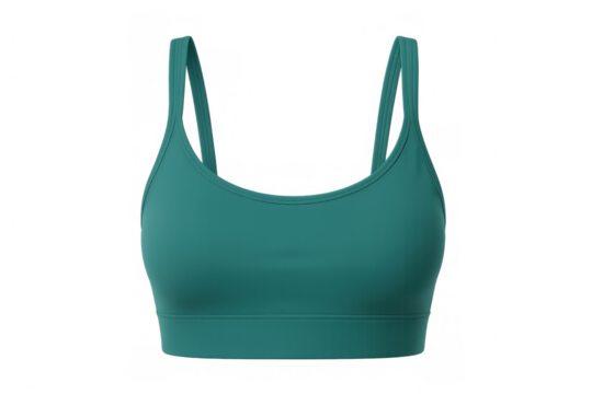 Teal sports bra close-up, showcasing breathable fabric and sleek design, highlighting athletic performance against transparent background