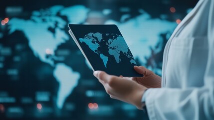 Global Data Insights Woman Holds Tablet with World Map Overlay, data analysis, technology