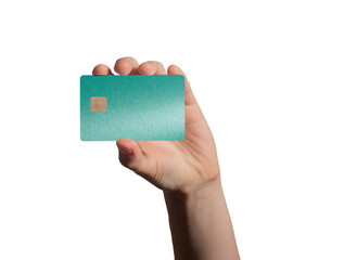holding a mint colored bank card for secure payment in a retail store, symbolizing modern financial