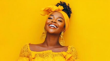 Joyful Black woman in yellow headwrap and dress against yellow background, laughing.