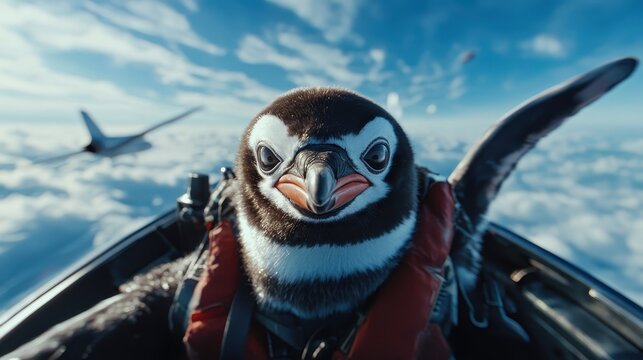 An imaginative and whimsical portrayal of a penguin soaring above the clouds in a jet, capturing the spirit of adventure and freedom in a unique and playful setting. - Powered by Adobe