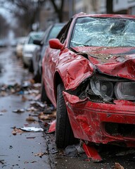 Damaged red car after a collision on a city street